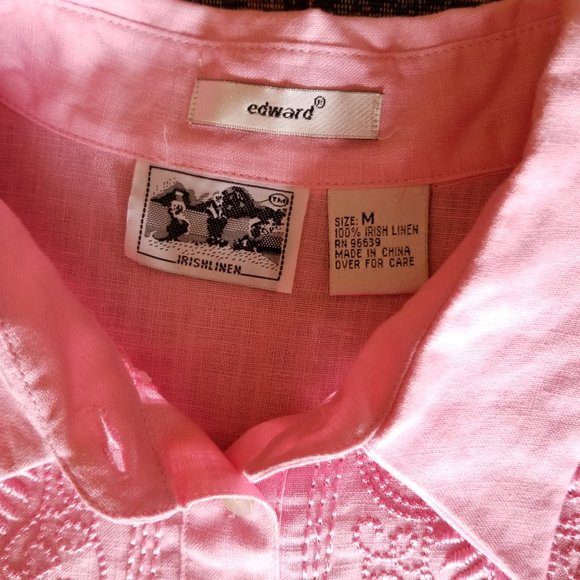 Irish linen, embroidery, 3/4 sleeve, open/closed collar, M, Edward's, vintage - Picture 5 of 8